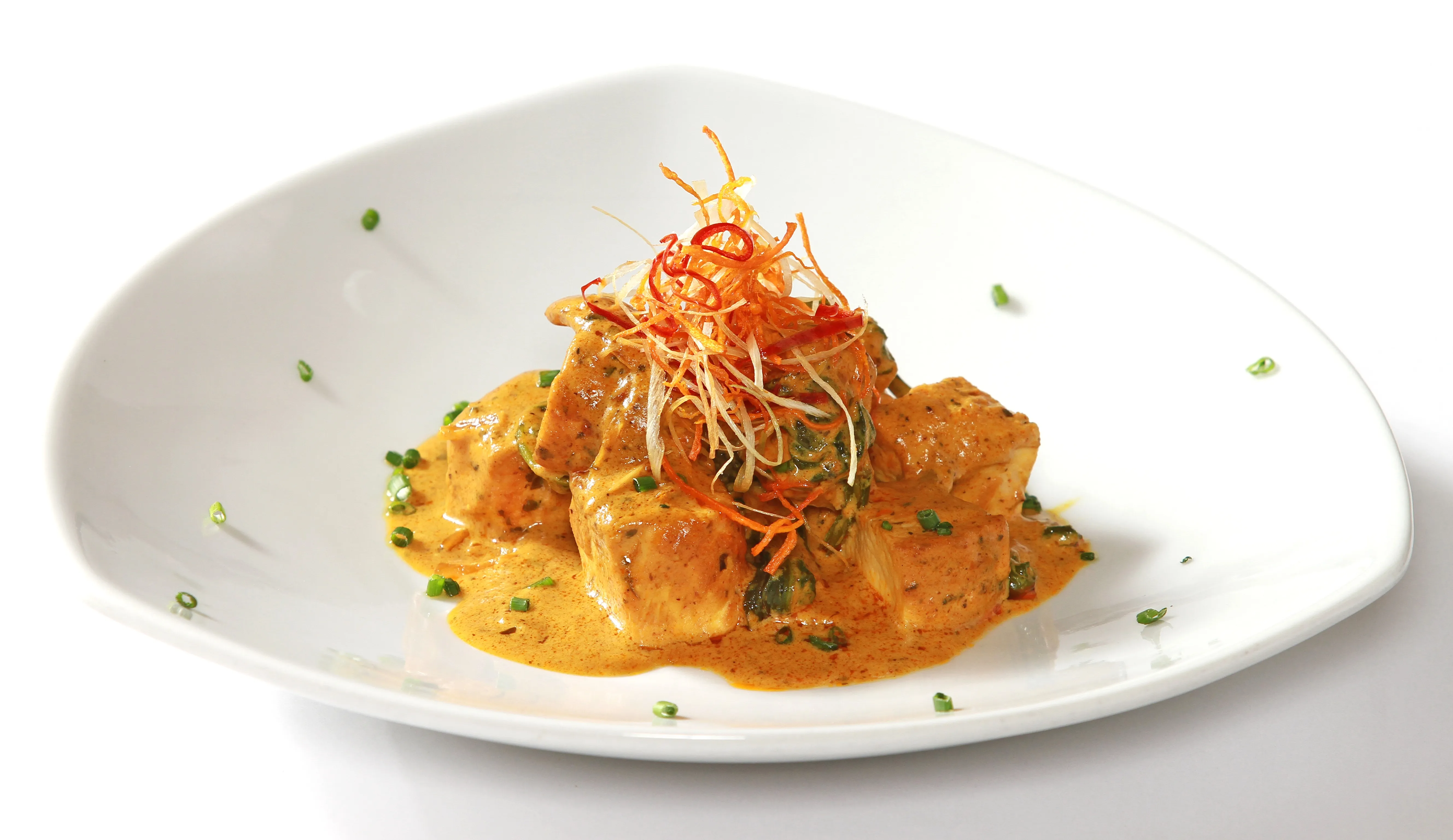 Chicken Creamy Orange Sauce Julienned Carrots Chives Houston - Food & Product Photography in Houston Texas