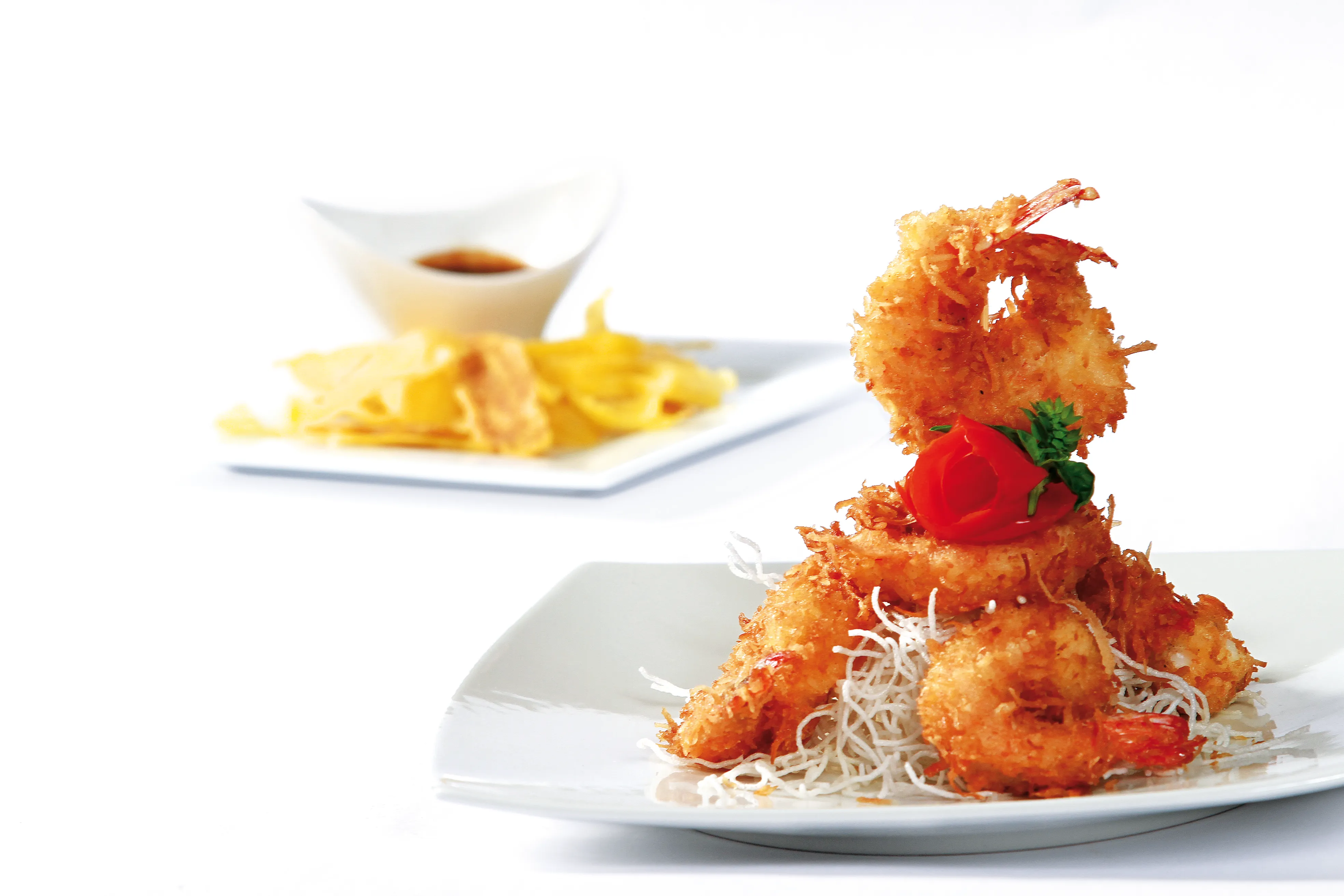 Crispy Coconut Shrimp Tower Plantain Chips Dipping Sauce Houston - Food & Product Photography in Houston Texas
