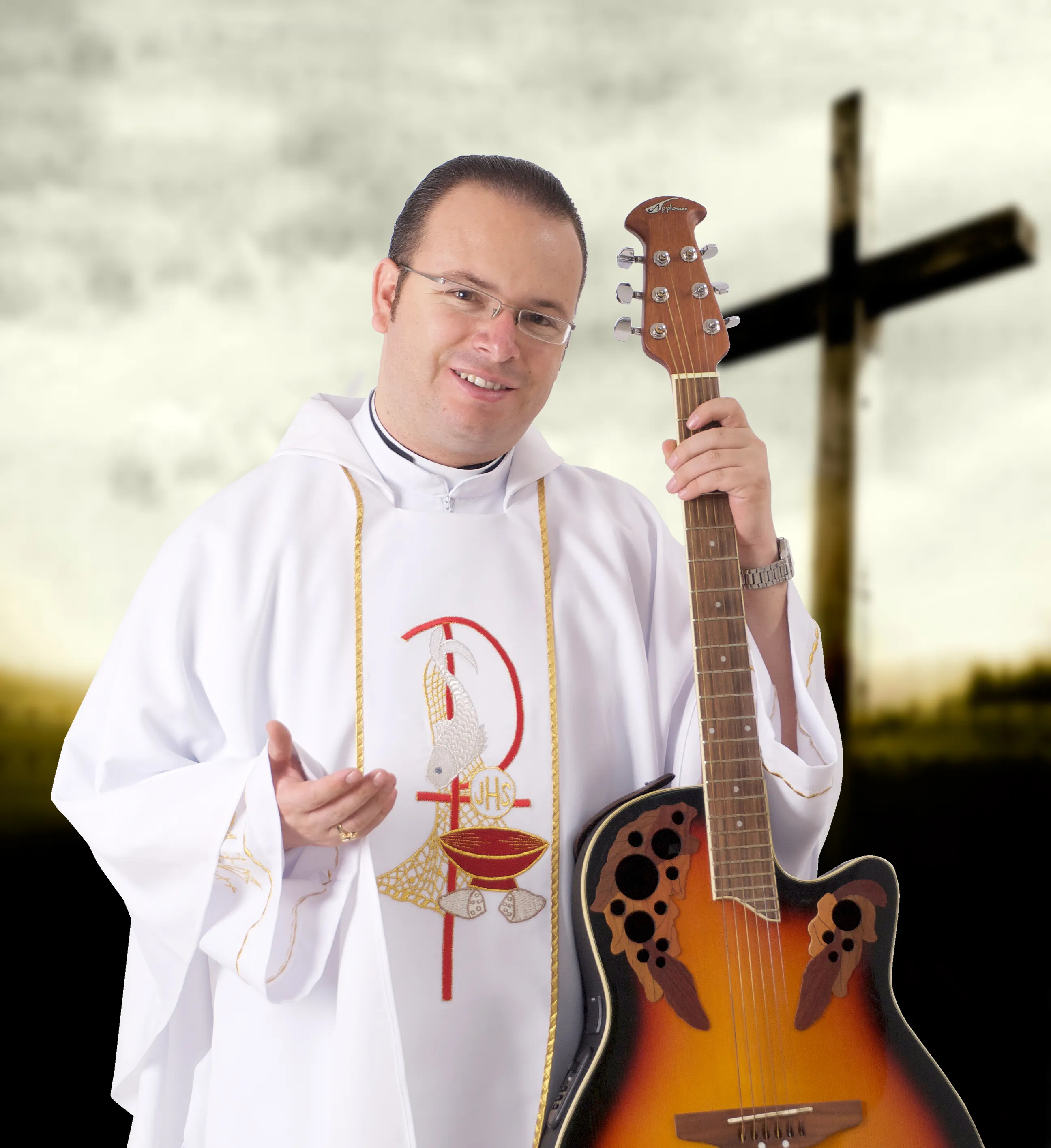 Portrait Priest White Vestments Guitar Sunset Sky Houston - Portrait Photography in Houston Texas