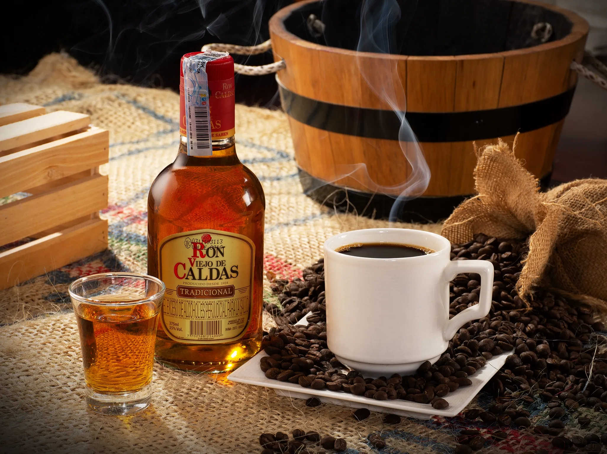 Ron Caldas Rum Steaming Coffee Beans Rustic Setup Houston - Food & Product Photography in Houston Texas