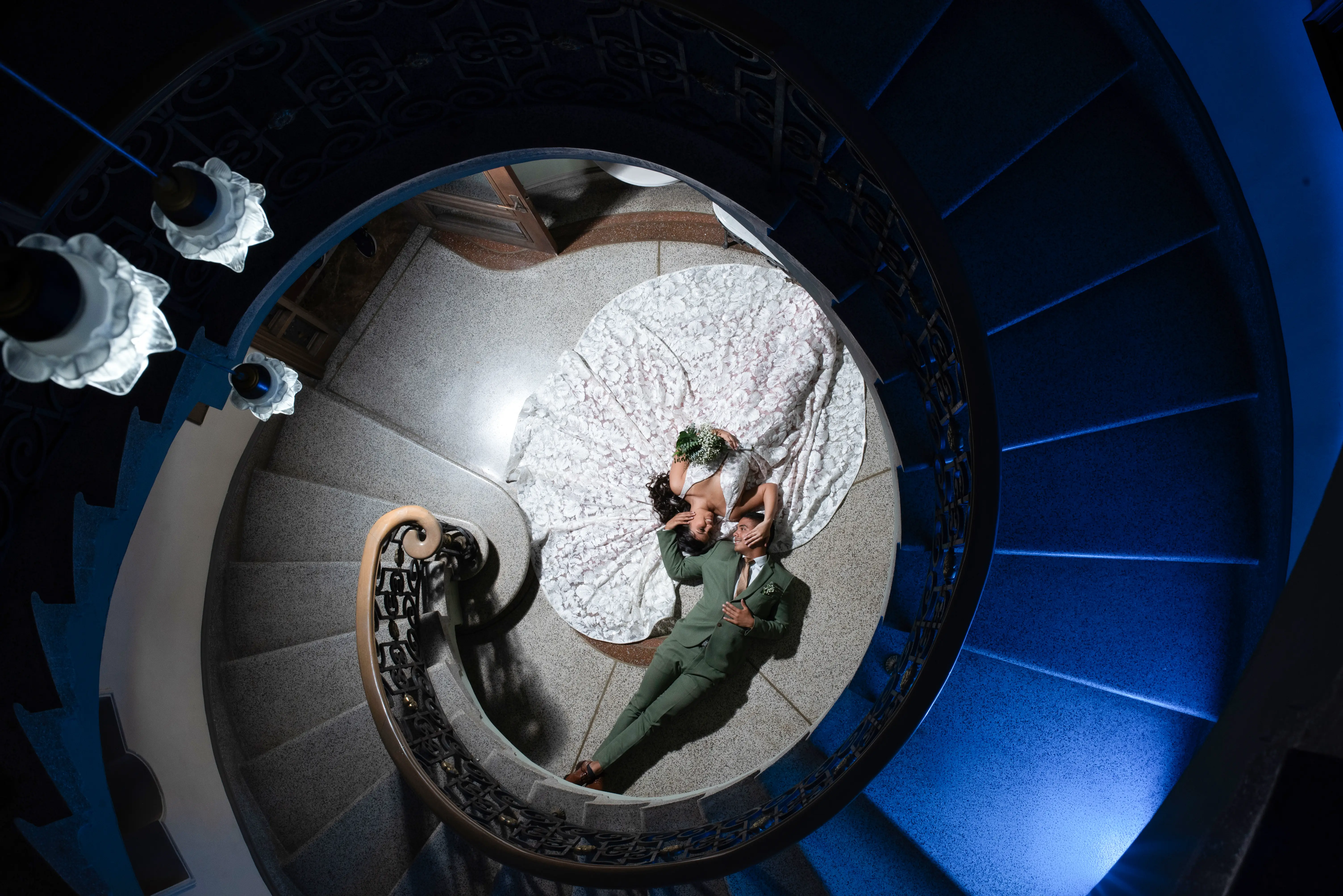 Wedding Couple Aerial Spiral Staircase Blue Light Houston