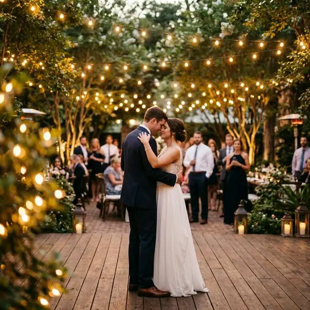 Wedding Couple First Dance Outdoor String Lights Houston
